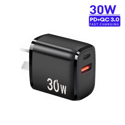 PD30W USB-C / Type-C + QC3.0 USB Charger with 1m Type-C to Type-C Data Cable, AU Plug(Black) - USB Charger by buy2fix | Online Shopping UK | buy2fix