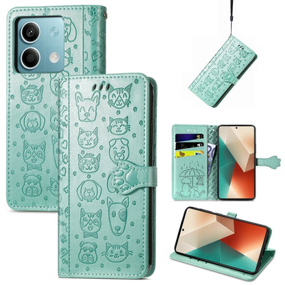 For Xiaomi Redmi Note 13 Cat and Dog Embossed Leather Phone Case(Green) - Note 13 Cases by buy2fix | Online Shopping UK | buy2fix
