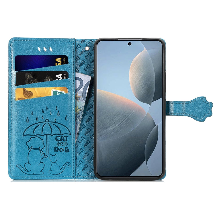 For Xiaomi Redmi K70E Cat and Dog Embossed Leather Phone Case(Blue) - K70E Cases by buy2fix | Online Shopping UK | buy2fix