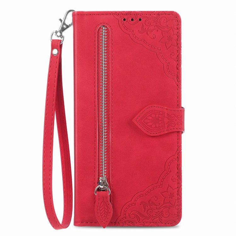 For Xiaomi Redmi K60 Ultra Embossed Flower Zipper Leather Phone Case(Red) - Note 13 Cases by buy2fix | Online Shopping UK | buy2fix
