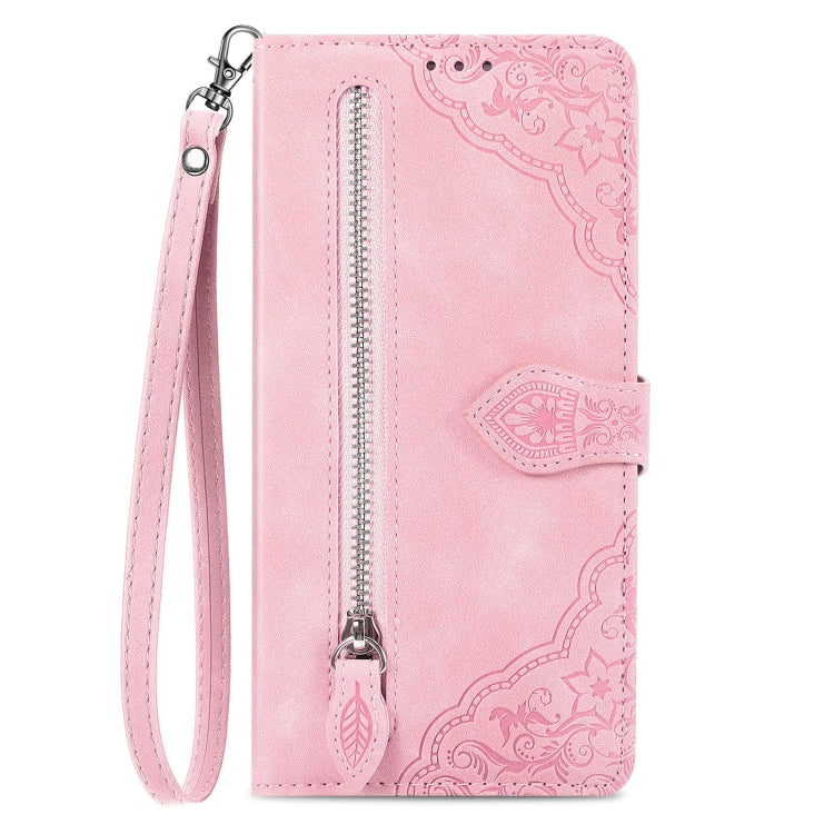 For Xiaomi Redmi K70 Pro Embossed Flower Zipper Leather Phone Case(Pink) - K70 Pro Cases by buy2fix | Online Shopping UK | buy2fix