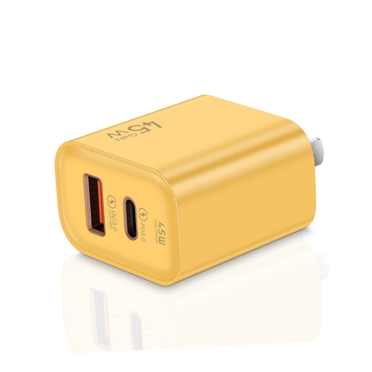 45PQ 45W PD25W + QC3.0 20W USB Super Fast Charger with Type-C to Type-C Cable, US Plug(Yellow) - USB Charger by buy2fix | Online Shopping UK | buy2fix
