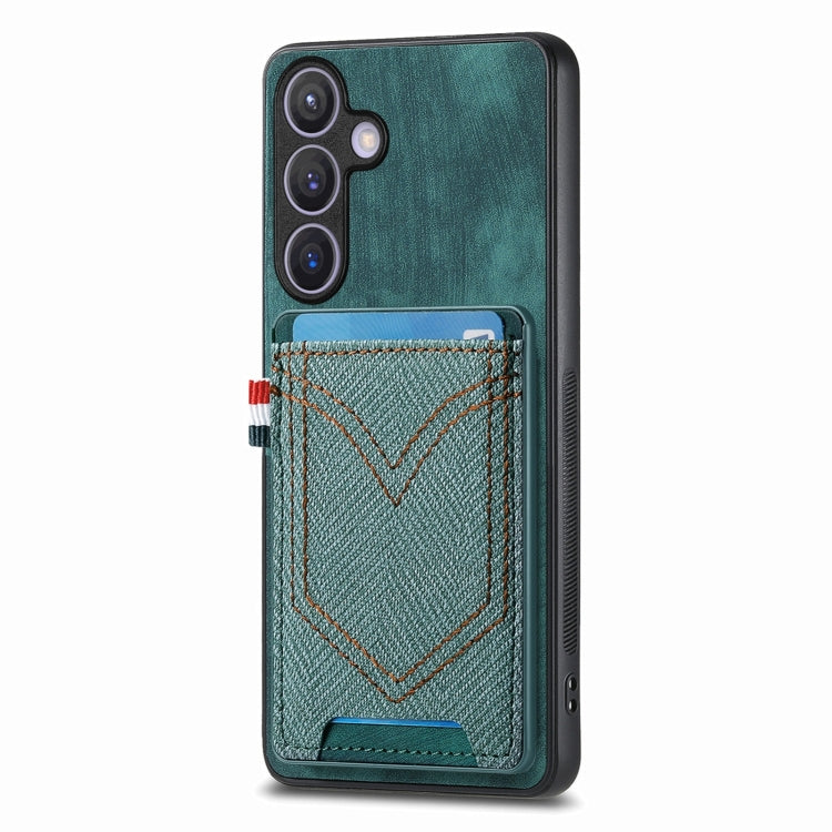 For Samsung Galaxy S25 5G Denim Texture Leather Skin Phone Case with Card Slot(Green) - Galaxy S25 5G Cases by buy2fix | Online Shopping UK | buy2fix