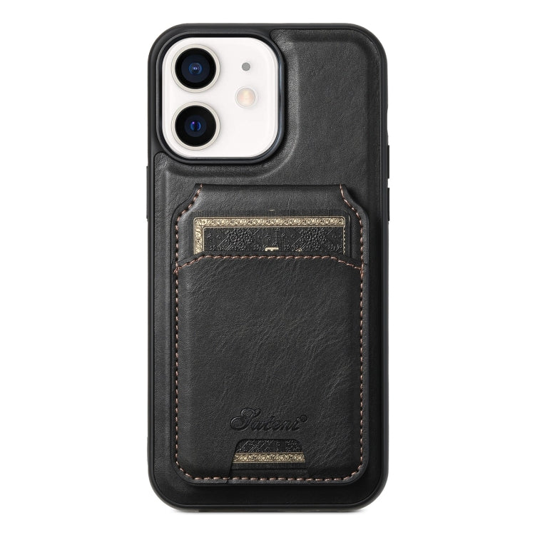 For iPhone 12  Suteni H15 MagSafe Oil Eax Leather Detachable Wallet Back Phone Case(Black) - iPhone 12 / 12 Pro Cases by Suteni | Online Shopping UK | buy2fix