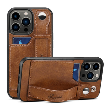 For iPhone 15 Pro Max SUTENI H12 Wrist Strap Leather Back Phone Case with Card Slot(Brown) - iPhone 15 Pro Max Cases by Suteni | Online Shopping UK | buy2fix