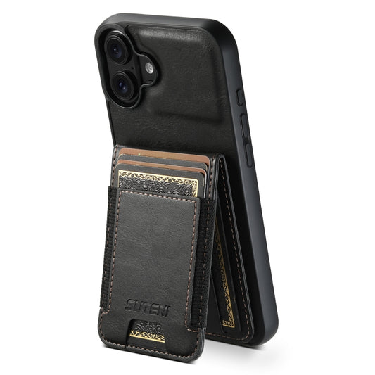 For iPhone 16 Suteni H03 Oil Wax Leather Wallet Stand Back Phone Case(Black) - iPhone 16 Cases by Suteni | Online Shopping UK | buy2fix