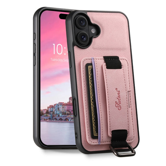 For iPhone 16 Plus Suteni H13 Litchi Leather Wrist Strap Wallet Back Phone Case(Pink) - iPhone 16 Plus Cases by Suteni | Online Shopping UK | buy2fix