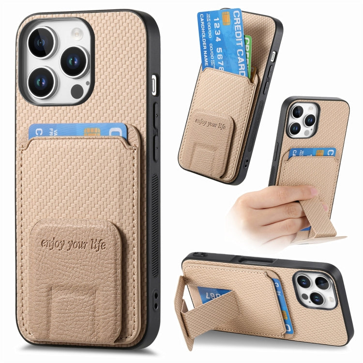 For iPhone 16 Pro Max Carbon Fiber Card Bag Fold Stand Phone Case(Khaki) - iPhone 16 Pro Max Cases by buy2fix | Online Shopping UK | buy2fix