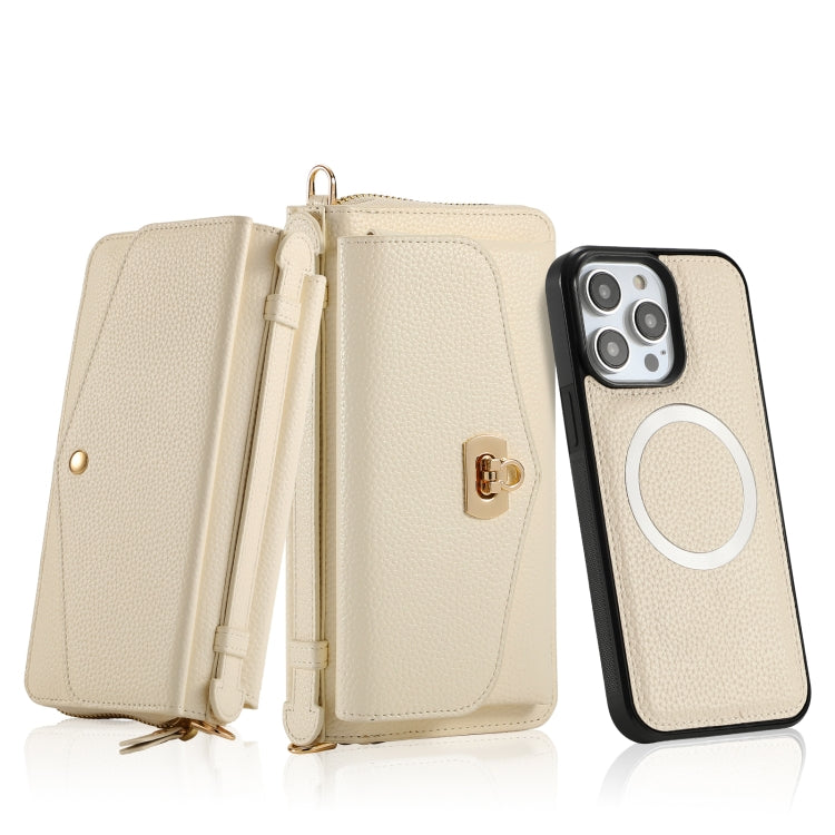 For iPhone 14 MagSafe Crossbody Multi-functional Zipper Wallet Litchi Leather Phone Case(White) - iPhone 14 Cases by buy2fix | Online Shopping UK | buy2fix