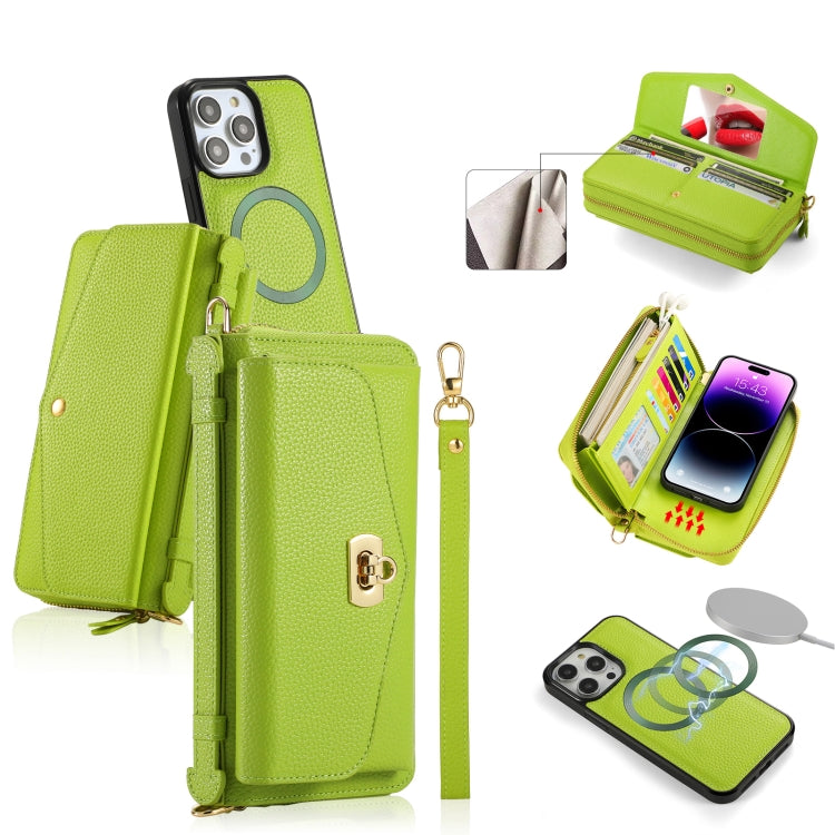 For iPhone 14 Pro Max MagSafe Crossbody Multi-functional Zipper Wallet Litchi Leather Phone Case(Green) - iPhone 14 Pro Max Cases by buy2fix | Online Shopping UK | buy2fix