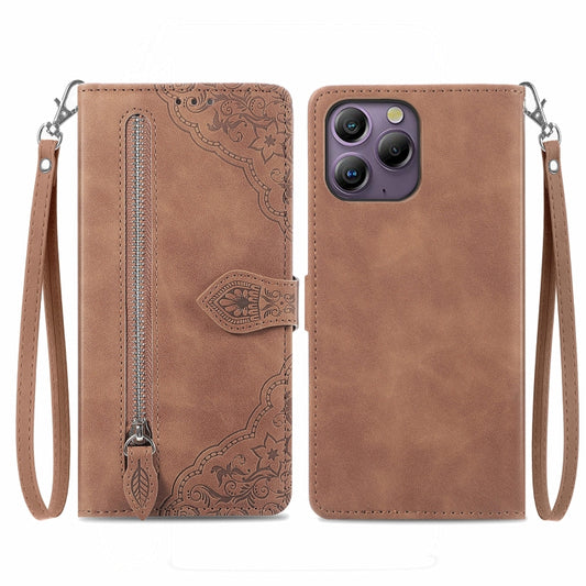 For Blackview A96 Embossed Flower Zipper Leather Phone Case(Brown) - More Brand by buy2fix | Online Shopping UK | buy2fix