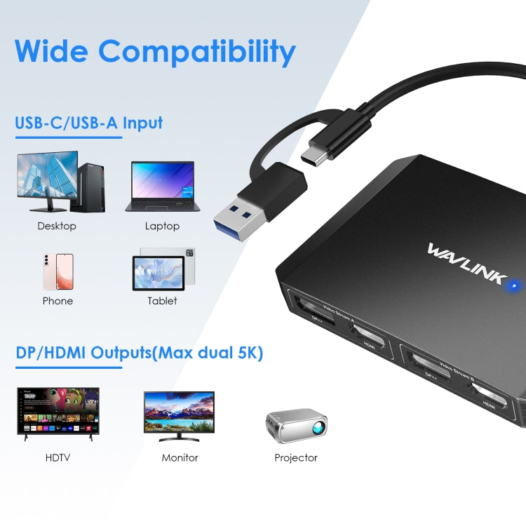 WAVLINK WL-UG69DH2 Dual Monitor USB+Type-C to Dual 4K HD DisplayPort Adapter Splitter(Black) - Splitter by WAVLINK | Online Shopping UK | buy2fix