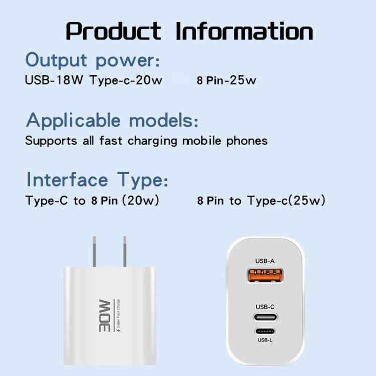 PD30W USB-C / Type-C + 8 Pin + USB Charger with USB to Micro USB Data Cable(US Plug) - USB Charger by buy2fix | Online Shopping UK | buy2fix