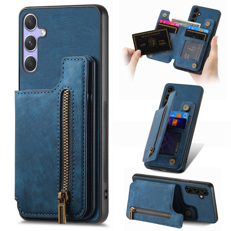 For Samsung Galaxy S25 Ultra 5G Retro Leather Zipper Wallet Back Phone Case(Blue) - Galaxy S25 Ultra 5G Cases by buy2fix | Online Shopping UK | buy2fix