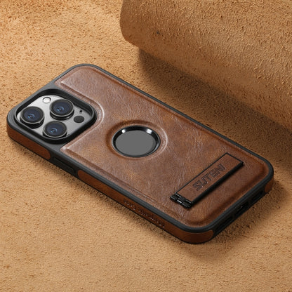 For iPhone 15 Pro Suteni G2 Magsafe Oil Wax Leather Back Phone Case with Holder(Brown) - iPhone 15 Pro Cases by Suteni | Online Shopping UK | buy2fix