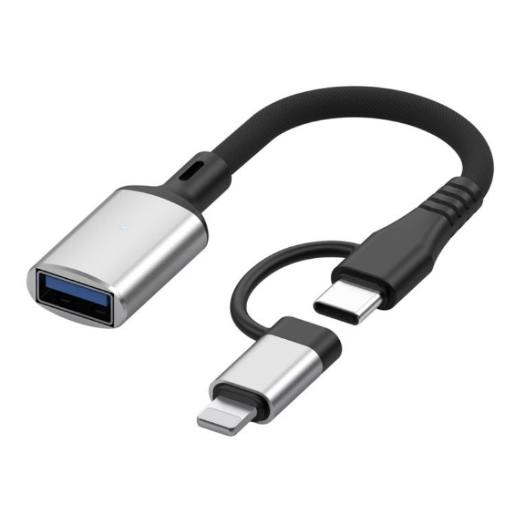 JS-112 2 in 1 USB Male to USB-C / Type-C / 8 Pin OTG Adapter Cable, Length: 15cm(Silver) - Converter & Adapter by buy2fix | Online Shopping UK | buy2fix