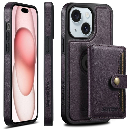 For iPhone 15 Suteni M1 Oil Wax MagSafe Detachable Horizontal Card Bag Phone Case(Purple) - iPhone 15 Cases by Suteni | Online Shopping UK | buy2fix