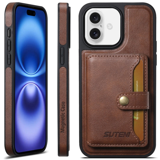 For iPhone 16 Suteni M1 Oil Wax MagSafe Detachable Horizontal Card Bag Phone Case(Brown) - iPhone 16 Cases by Suteni | Online Shopping UK | buy2fix