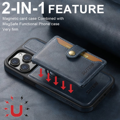 For iPhone 16 Pro Suteni M1 Oil Wax MagSafe Detachable Horizontal Card Bag Phone Case(Blue) - iPhone 16 Pro Cases by Suteni | Online Shopping UK | buy2fix