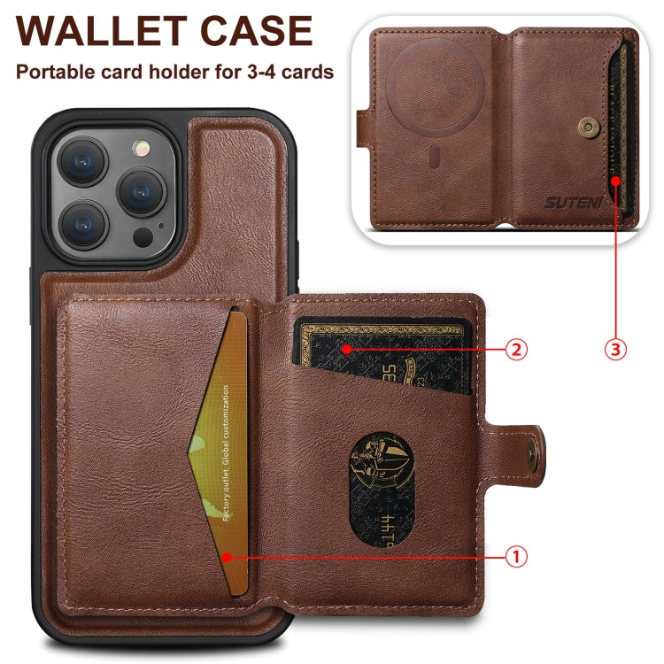 For iPhone 13 Suteni M1 Oil Wax MagSafe Detachable Horizontal Card Bag Phone Case(Brown) - iPhone 13 Cases by Suteni | Online Shopping UK | buy2fix