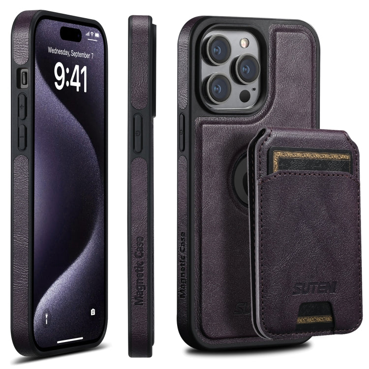 For iPhone 16 Pro Suteni M2 Oil Wax MagSafe Horizontal Card Bag Phone Case(Purple) - iPhone 16 Pro Cases by Suteni | Online Shopping UK | buy2fix