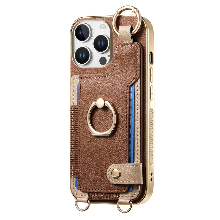 For iPhone 16 Pro Fashion Ring Card Bag Phone Case with Hang Loop(Brown) - iPhone 16 Pro Cases by buy2fix | Online Shopping UK | buy2fix