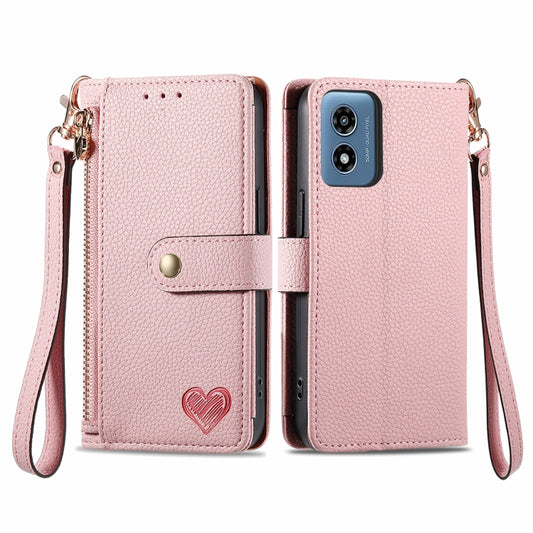 For Motorola Moto G Play 2024 Love Zipper Lanyard Leather Phone Case(Pink) - Motorola Cases by buy2fix | Online Shopping UK | buy2fix