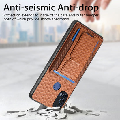 For Motorola Moto G Stylus 5G 2024 Carbon Fiber Fold Stand Elastic Card Bag Phone Case(Brown) - Motorola Cases by buy2fix | Online Shopping UK | buy2fix