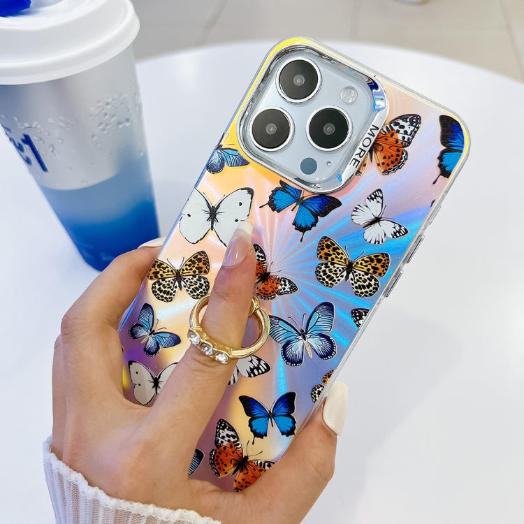 For iPhone 16 Electroplating Laser Butterfly Ring Holder Phone Case(Color Butterflies AB1) - iPhone 16 Cases by buy2fix | Online Shopping UK | buy2fix