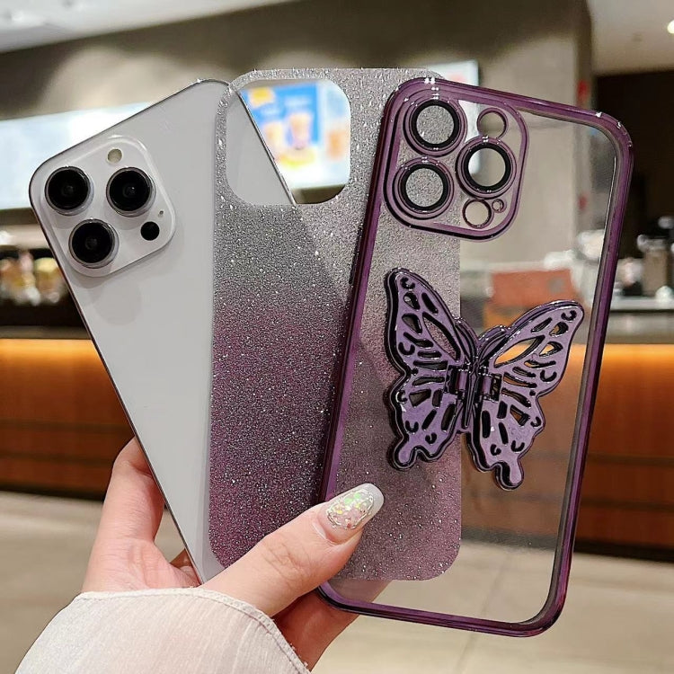 For iPhone 16 Electroplated Gradient Glitter 3D Butterfly TPU Phone Case(Gradient Silver) - iPhone 16 Cases by buy2fix | Online Shopping UK | buy2fix