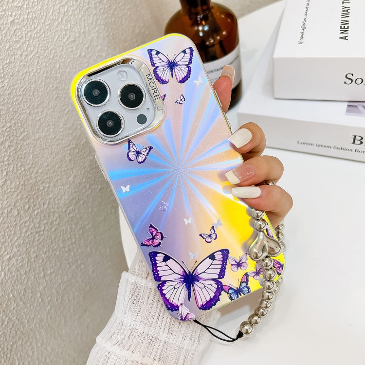 For iPhone 16 Plus Electroplating Laser Butterfly Phone Case with Wrist Strap(Blue Butterflies AB4) - iPhone 16 Plus Cases by buy2fix | Online Shopping UK | buy2fix