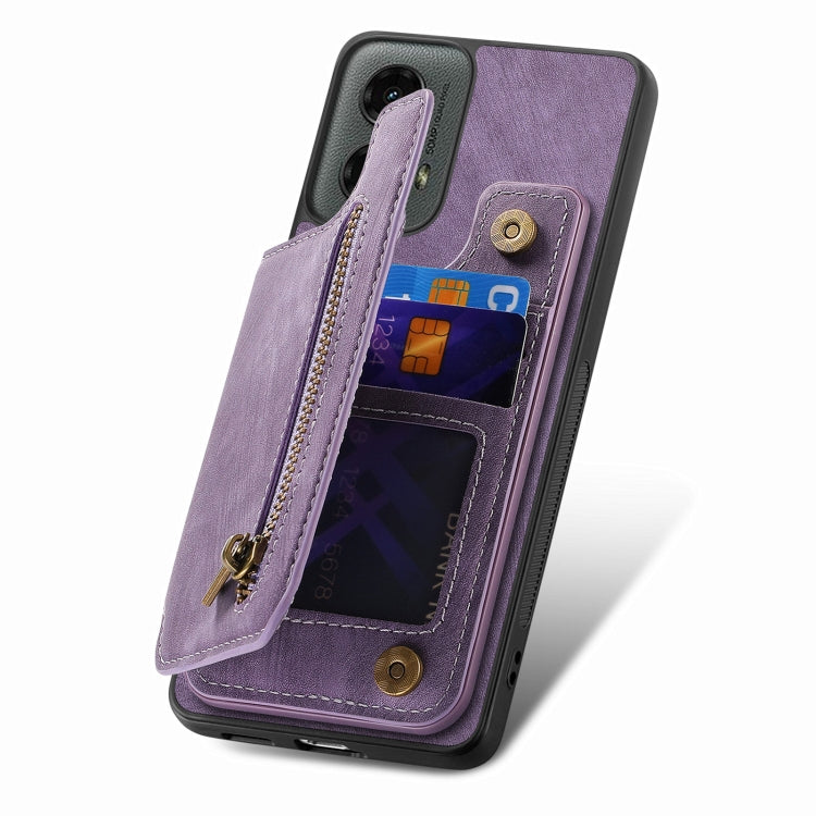 For Motorola Moto G 2024 Retro Leather Zipper Wallet Back Phone Case(Purple) - Motorola Cases by buy2fix | Online Shopping UK | buy2fix