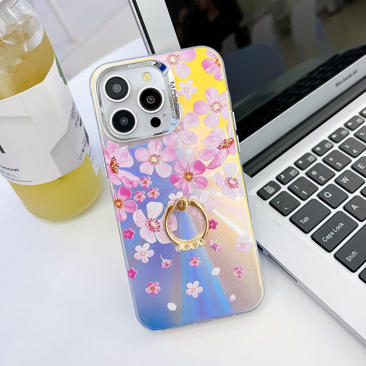 For iPhone 16 Pro Electroplating Laser Flower Ring Holder TPU Phone Case(Pink Flower AH13) - iPhone 16 Pro Cases by buy2fix | Online Shopping UK | buy2fix