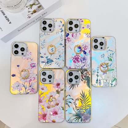 For iPhone 16 Electroplating Laser Flower Ring Holder TPU Phone Case(Pear Blossom AH17) - iPhone 16 Cases by buy2fix | Online Shopping UK | buy2fix