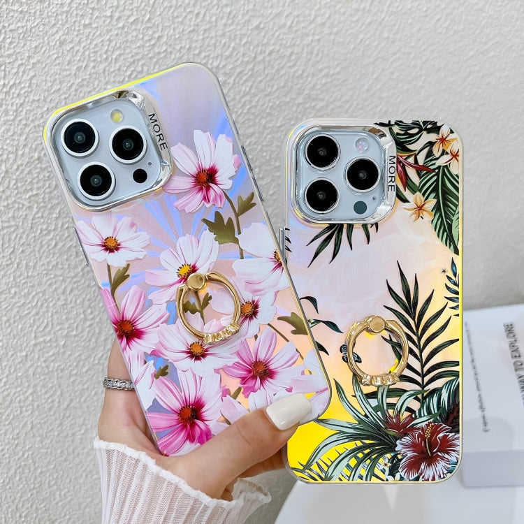 For iPhone 16 Pro Max Electroplating Laser Flower Ring Holder TPU Phone Case(White Flower AH10) - iPhone 16 Pro Max Cases by buy2fix | Online Shopping UK | buy2fix