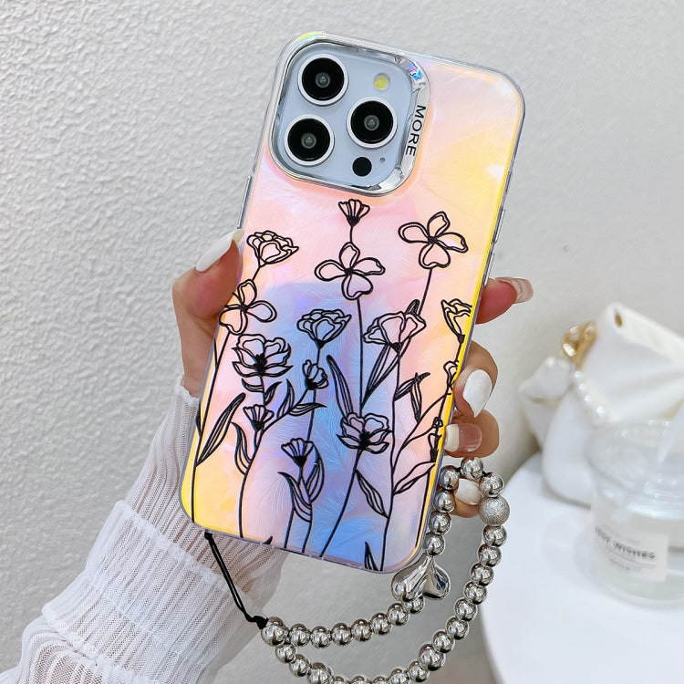 For iPhone 16 Pro Max Electroplating Laser Flower Phone Case with Wrist Strap(Drawn Flowers AH3) - iPhone 16 Pro Max Cases by buy2fix | Online Shopping UK | buy2fix