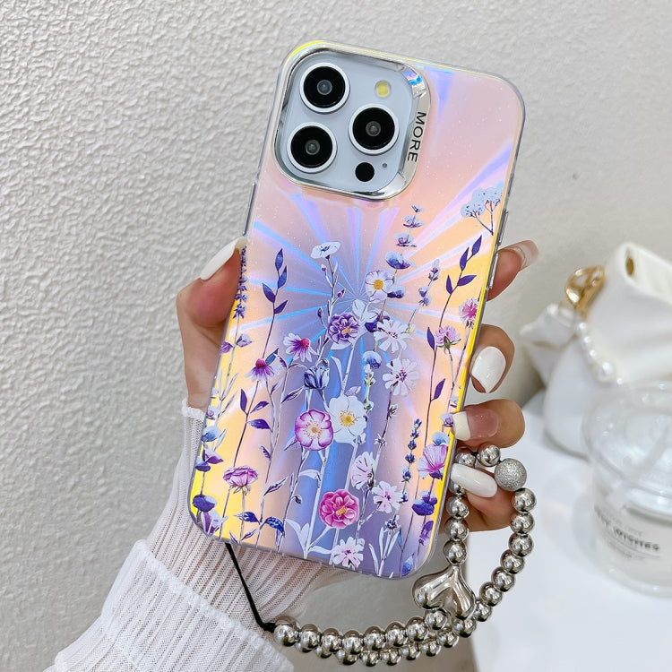 For iPhone 16 Pro Electroplating Laser Flower Phone Case with Wrist Strap(Flower AH1) - iPhone 16 Pro Cases by buy2fix | Online Shopping UK | buy2fix