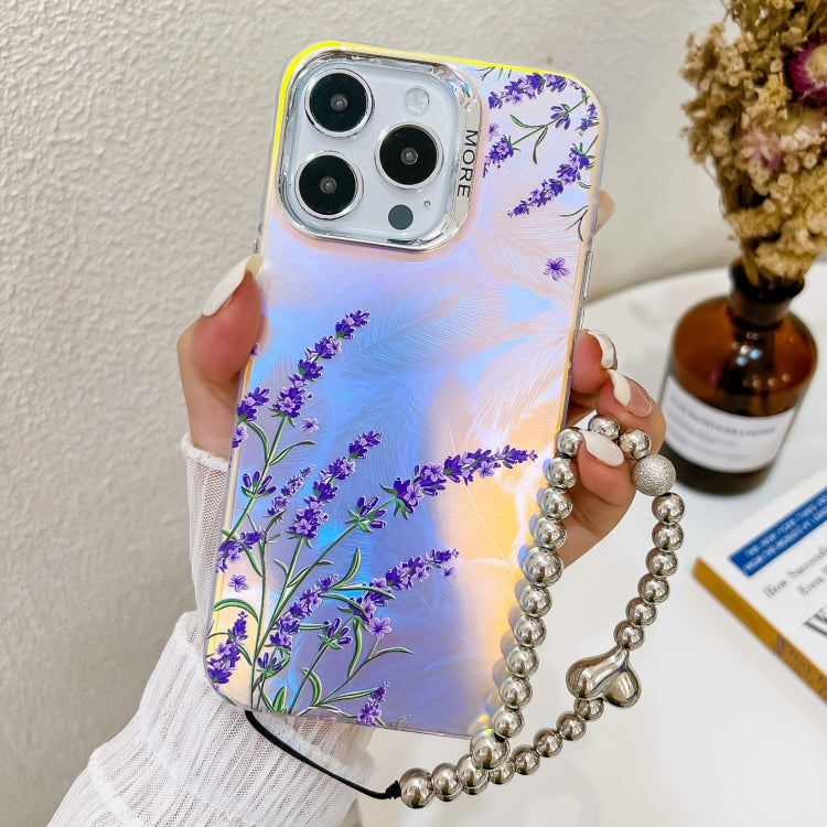 For iPhone 16 Pro Electroplating Laser Flower Phone Case with Wrist Strap(Lavender AH14) - iPhone 16 Pro Cases by buy2fix | Online Shopping UK | buy2fix