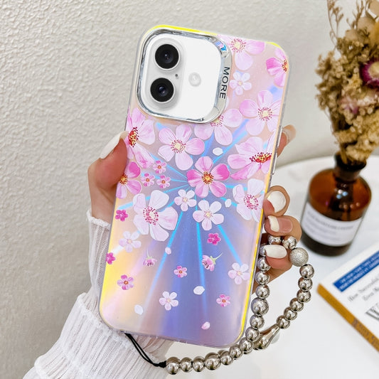 For iPhone 16 Electroplating Laser Flower Phone Case with Wrist Strap(Pink Flower AH13) - iPhone 16 Cases by buy2fix | Online Shopping UK | buy2fix