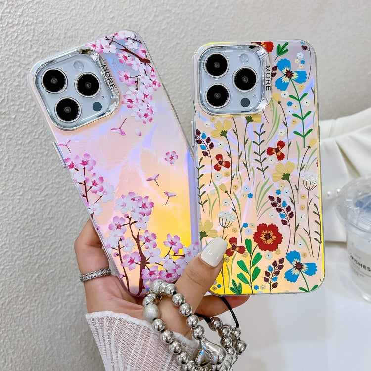 For iPhone 16 Pro Max Electroplating Laser Flower Phone Case with Wrist Strap(Myosotis AH2) - iPhone 16 Pro Max Cases by buy2fix | Online Shopping UK | buy2fix