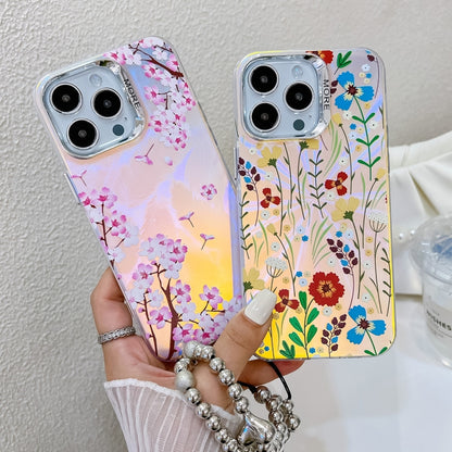 For iPhone 16 Plus Electroplating Laser Flower Phone Case with Wrist Strap(Myosotis AH2) - iPhone 16 Plus Cases by buy2fix | Online Shopping UK | buy2fix