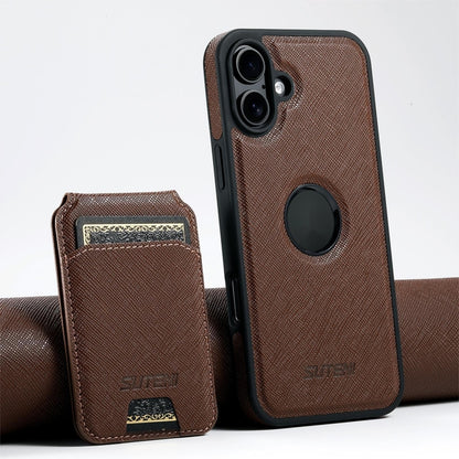 For iPhone 16 Suteni M2 Cross-Grain MagSafe Vertical Card Back Phone Case(Brown) - iPhone 16 Cases by Suteni | Online Shopping UK | buy2fix