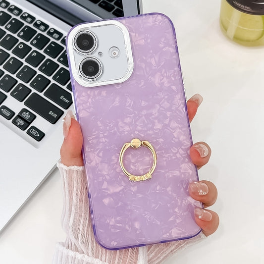 For iPhone 16 Plating Glitter Texture Ring Holder TPU Phone Case with Lens Film(Purple Shell Pattern) - iPhone 16 Cases by buy2fix | Online Shopping UK | buy2fix