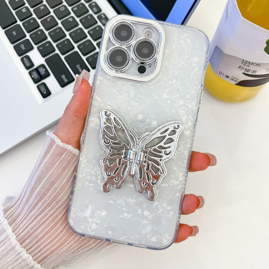 For iPhone 16 Pro Plating Glitter Texture Butterfly Holder TPU Phone Case with Lens Film(White Shell Grain) - iPhone 16 Pro Cases by buy2fix | Online Shopping UK | buy2fix