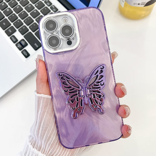 For iPhone 16 Pro Plating Glitter Texture Butterfly Holder TPU Phone Case with Lens Film(Purple Feather Yarn) - iPhone 16 Pro Cases by buy2fix | Online Shopping UK | buy2fix