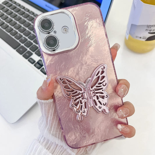 For iPhone 16 Plus Plating Glitter Texture Butterfly Holder TPU Phone Case with Lens Film(Pink Tinfoil Texture) - iPhone 16 Plus Cases by buy2fix | Online Shopping UK | buy2fix