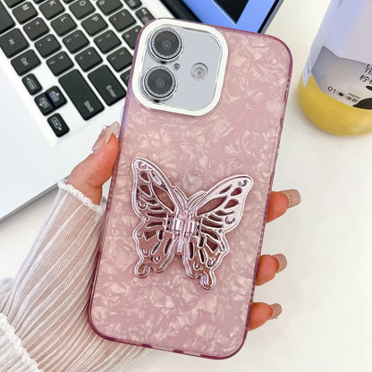 For iPhone 16 Plating Glitter Texture Butterfly Holder TPU Phone Case with Lens Film(Pink Shell Pattern) - iPhone 16 Cases by buy2fix | Online Shopping UK | buy2fix