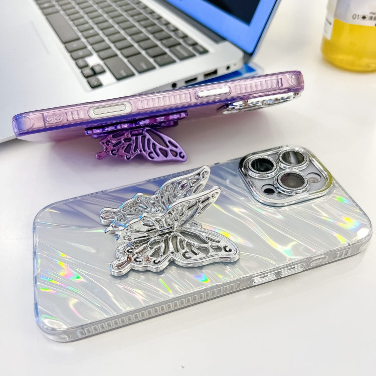 For iPhone 16 Pro Plating Glitter Texture Butterfly Holder TPU Phone Case with Lens Film(Pink Shell Pattern) - iPhone 16 Pro Cases by buy2fix | Online Shopping UK | buy2fix