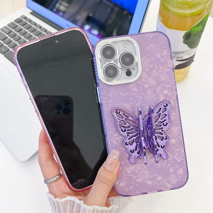 For iPhone 16 Plus Plating Glitter Texture Butterfly Holder TPU Phone Case with Lens Film(Pink Wrinkles) - iPhone 16 Plus Cases by buy2fix | Online Shopping UK | buy2fix