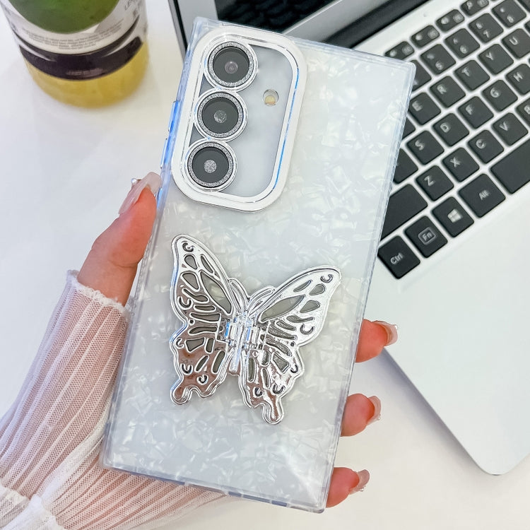 For Samsung Galaxy S25+ 5G Plating Glitter Texture Butterfly Holder TPU Phone Case with Lens Film(White Shell Pattern) - Galaxy S25+ 5G Cases by buy2fix | Online Shopping UK | buy2fix